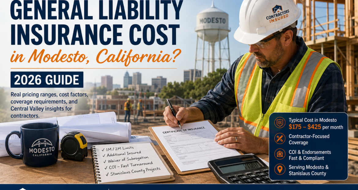 Contractor reviewing general liability insurance and COI requirements for a Modesto job site.
