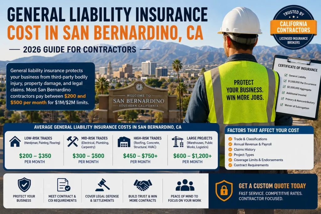 Contractor reviewing general liability insurance and COI requirements for a San Bernardino job site.