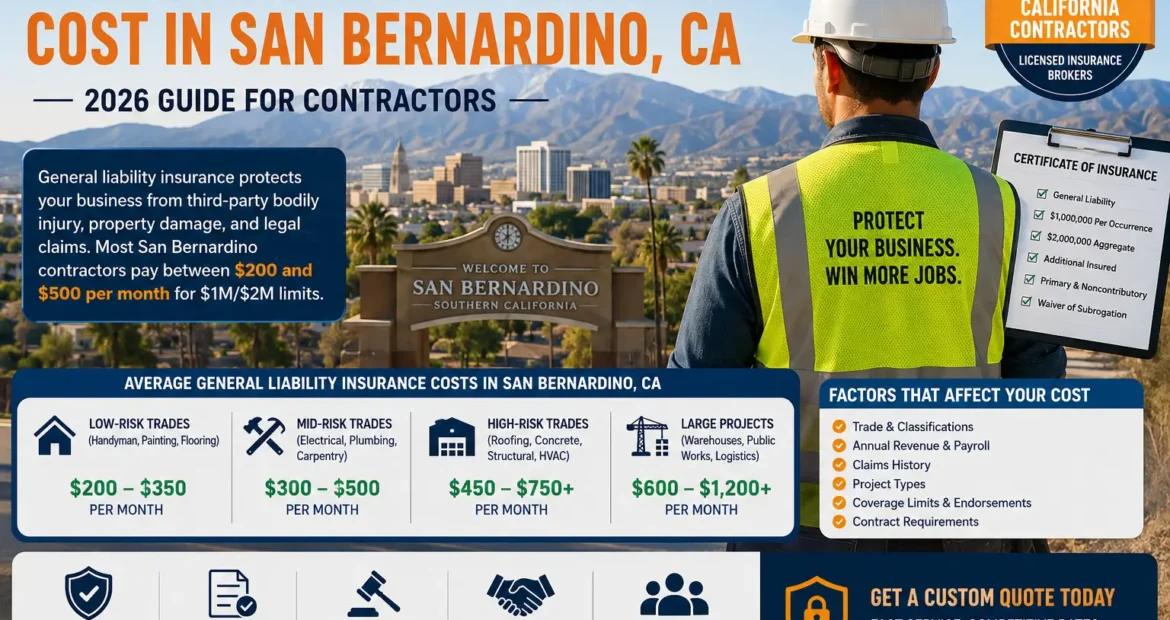 Contractor reviewing general liability insurance and COI requirements for a San Bernardino job site.
