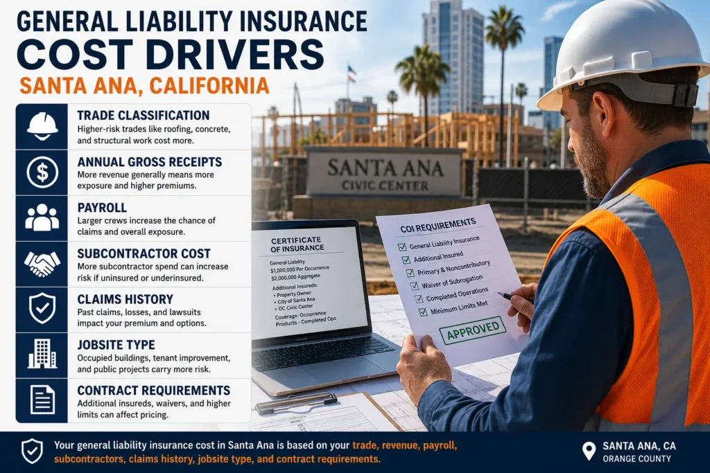 A contractor reviews an approved list of COI requirements beside seven Santa Ana general liability cost drivers: trade classification, annual gross receipts, payroll, subcontractor cost, claims history, jobsite type and contract requirements.