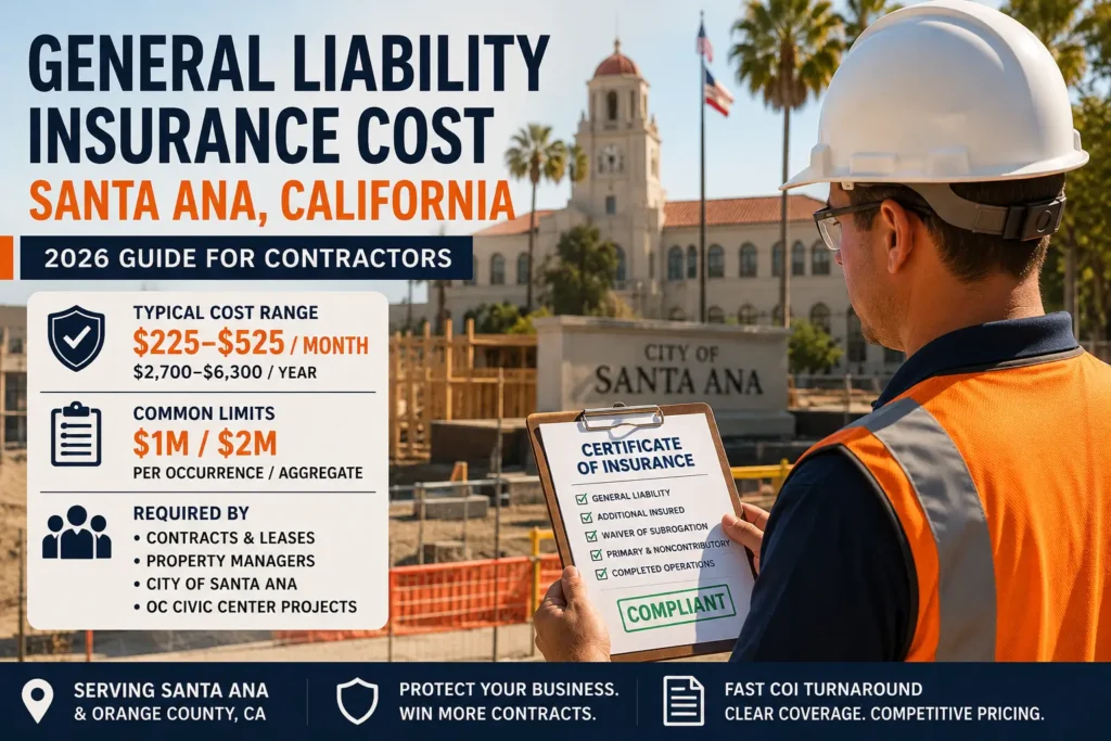 A contractor in a hard hat and safety vest checks a compliant certificate of insurance beside a City of Santa Ana sign, next to a typical general liability cost of $225 to $525 a month ($2,700 to $6,300 a year) at common limits of $1M per occurrence / $2M aggregate.