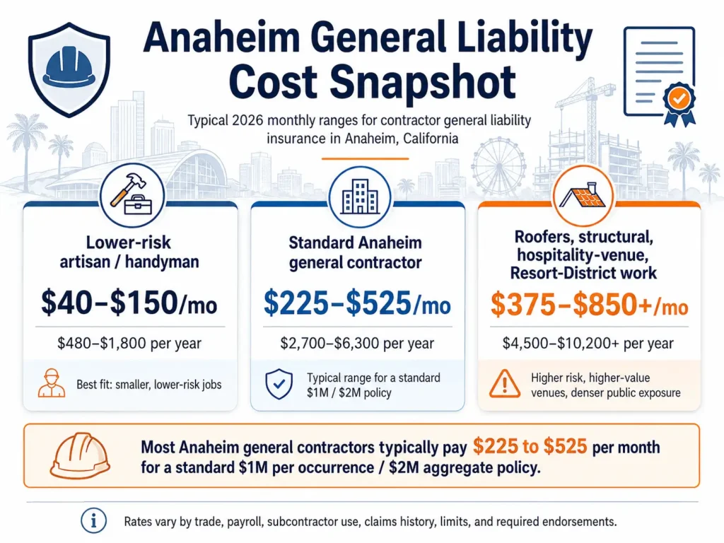 Most Anaheim general contractors pay $225 to $525 a month ($2,700 to $6,300 a year) for a standard $1M/$2M general liability policy, compared with $40 to $150 for lower-risk artisans and handymen and $375 to $850+ for roofers, structural and Resort District work.