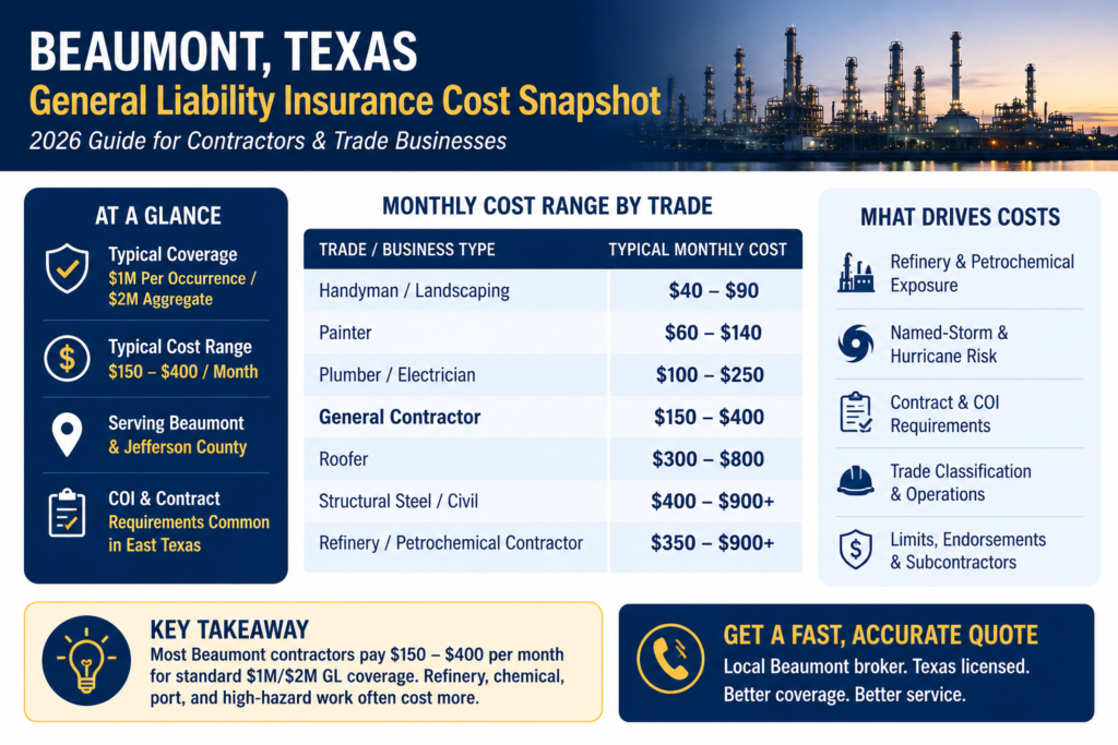 Infographic: 2026 general liability insurance cost snapshot for Beaumont, TX contractors