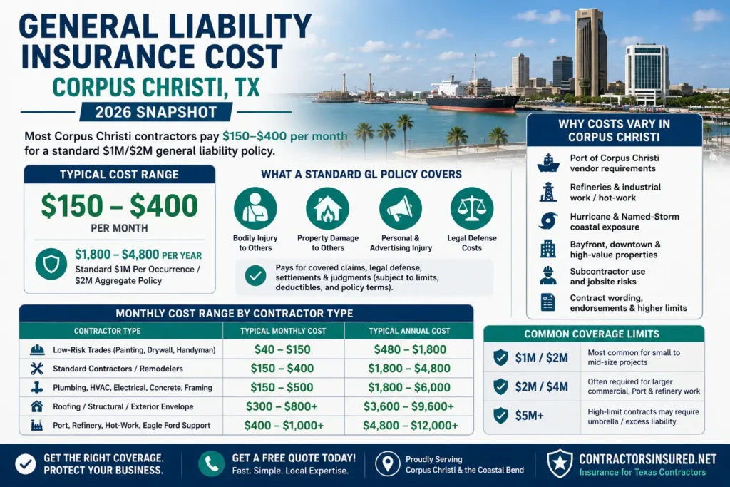 Infographic showing Corpus Christi general liability insurance cost snapshot, roughly $150 to $400 per month for standard contractors in 2026.