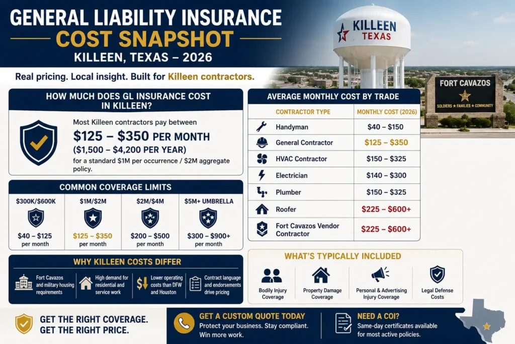 General liability insurance cost snapshot for Killeen TX contractors showing 2026 monthly and annual premium ranges by trade