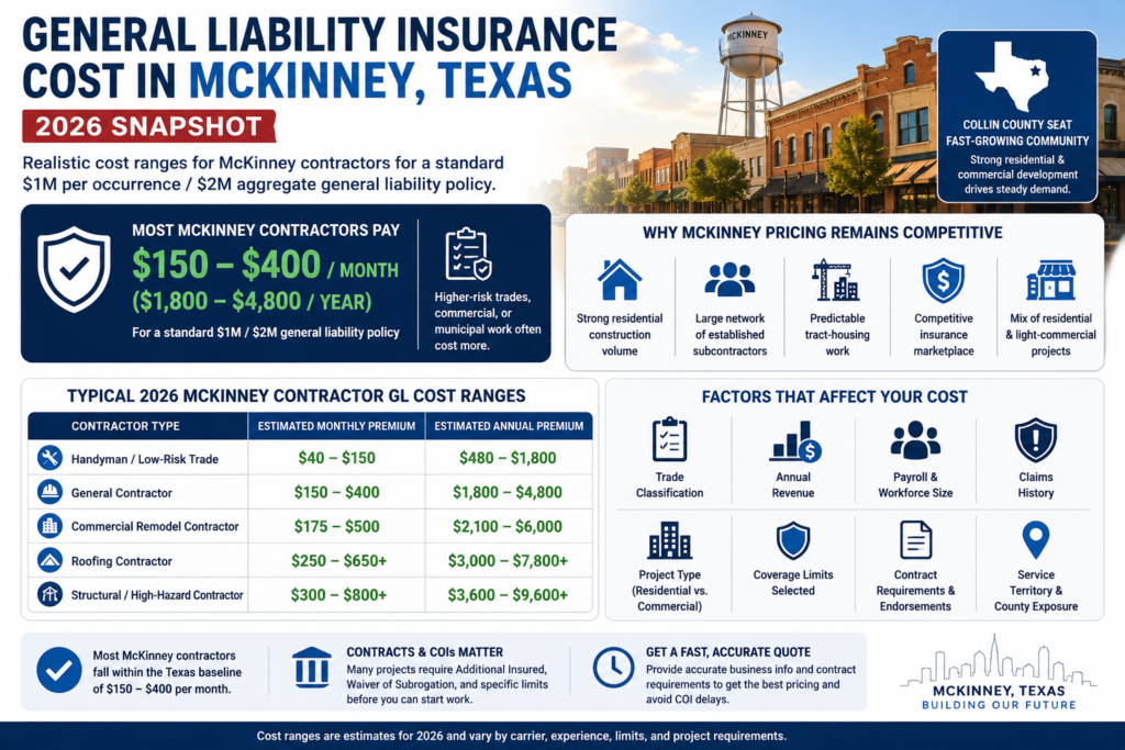 Infographic showing 2026 general liability insurance cost in McKinney, Texas, with most contractors paying $150 to $400 per month for a $1M/$2M policy, cost ranges by contractor type, and factors affecting price.