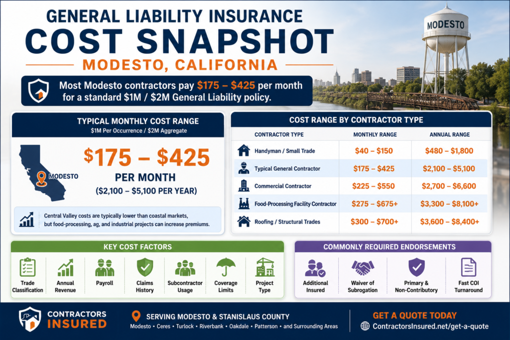 Cost snapshot infographic showing average general liability insurance costs for Modesto, California contractors, including monthly and annual premium ranges.