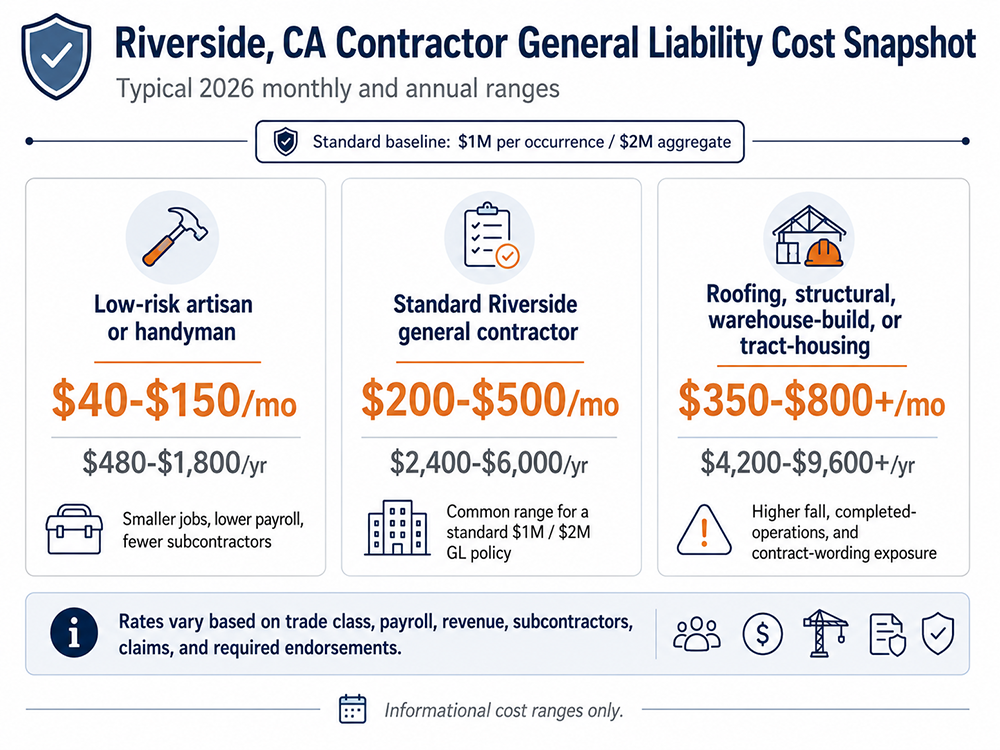 Riverside, CA contractor general liability runs about $40 to $150 a month for low-risk artisans or handymen, $200 to $500 for a standard general contractor, and $350 to $800+ for roofing, structural, warehouse-build or tract-housing work, on a $1M per occurrence / $2M aggregate policy.