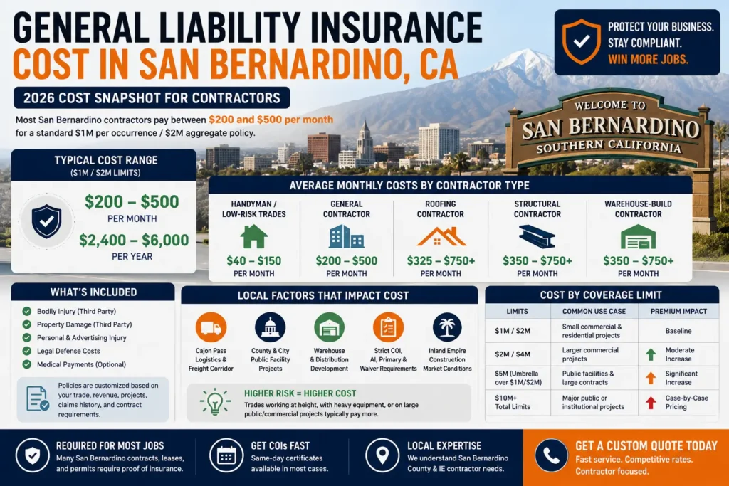 Most San Bernardino contractors pay $200 to $500 a month ($2,400 to $6,000 a year) for a standard $1M/$2M general liability policy, ranging from $40 to $150 for handymen and low-risk trades up to $350 to $750+ for structural and warehouse-build contractors.