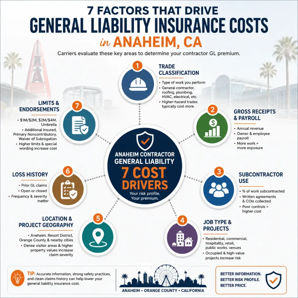 Hub-and-spoke infographic of the 7 cost drivers carriers use to price Anaheim contractor general liability insurance: trade classification, gross receipts and payroll, subcontractor use, job type, location, loss history, and limits and endorsements