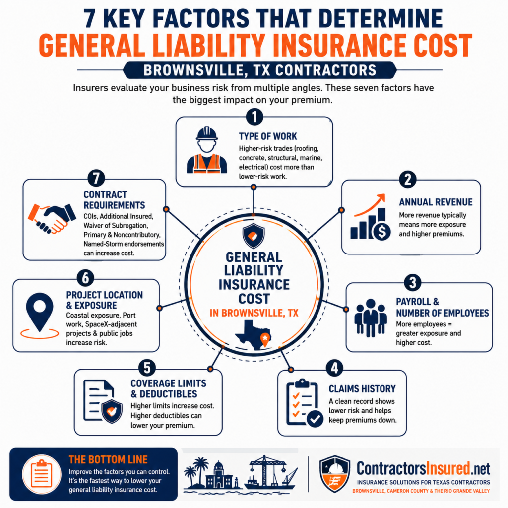 Infographic showing the 7 factors that affect general liability insurance cost for Brownsville, TX contractors: annual revenue, payroll and employees, claims history, type of work, contract requirements, and project location.