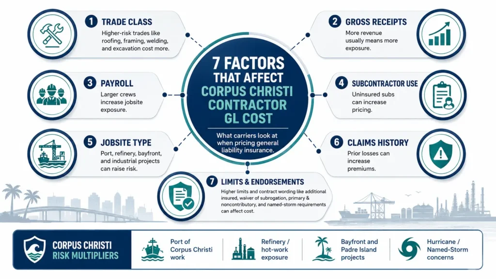 Infographic showing the 7 factors carriers use to price Corpus Christi contractor general liability insurance, including trade class, payroll, and Port or refinery exposure.