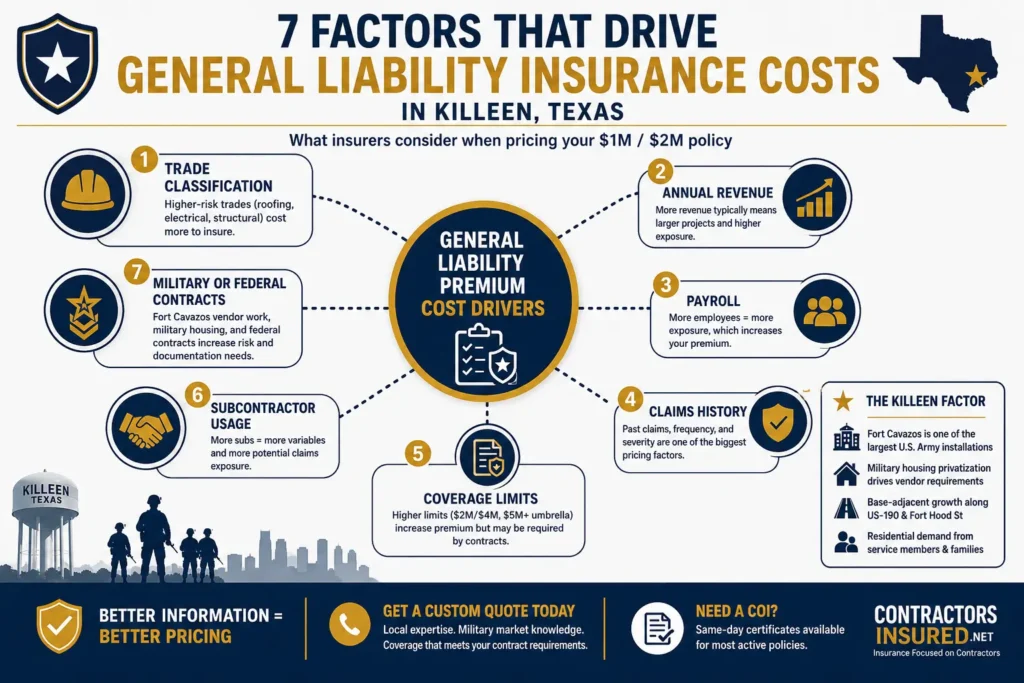 Infographic of the 7 factors carriers use to price general liability insurance for Killeen TX contractors