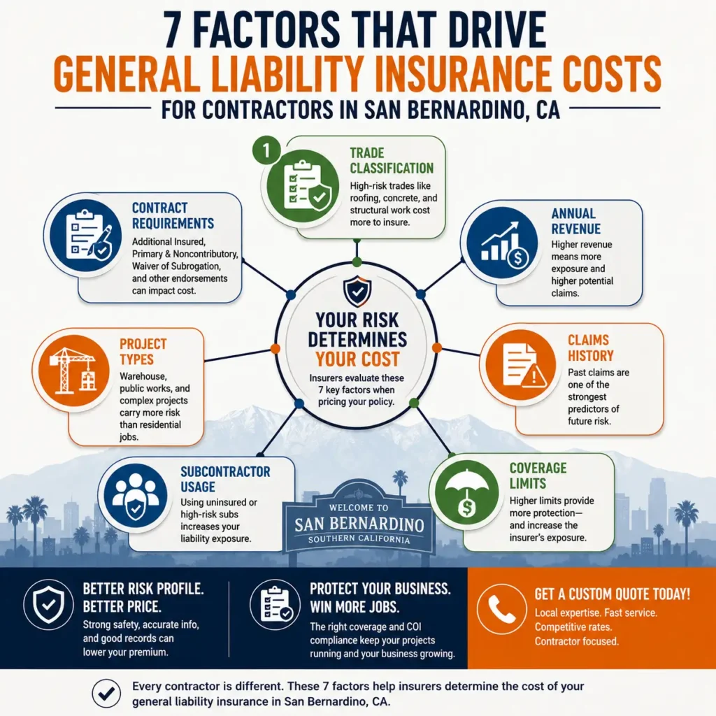 Seven factors that drive general liability costs for San Bernardino contractors: trade classification, annual revenue, claims history, coverage limits, subcontractor usage, project types, and contract requirements such as additional insured and waiver of subrogation.