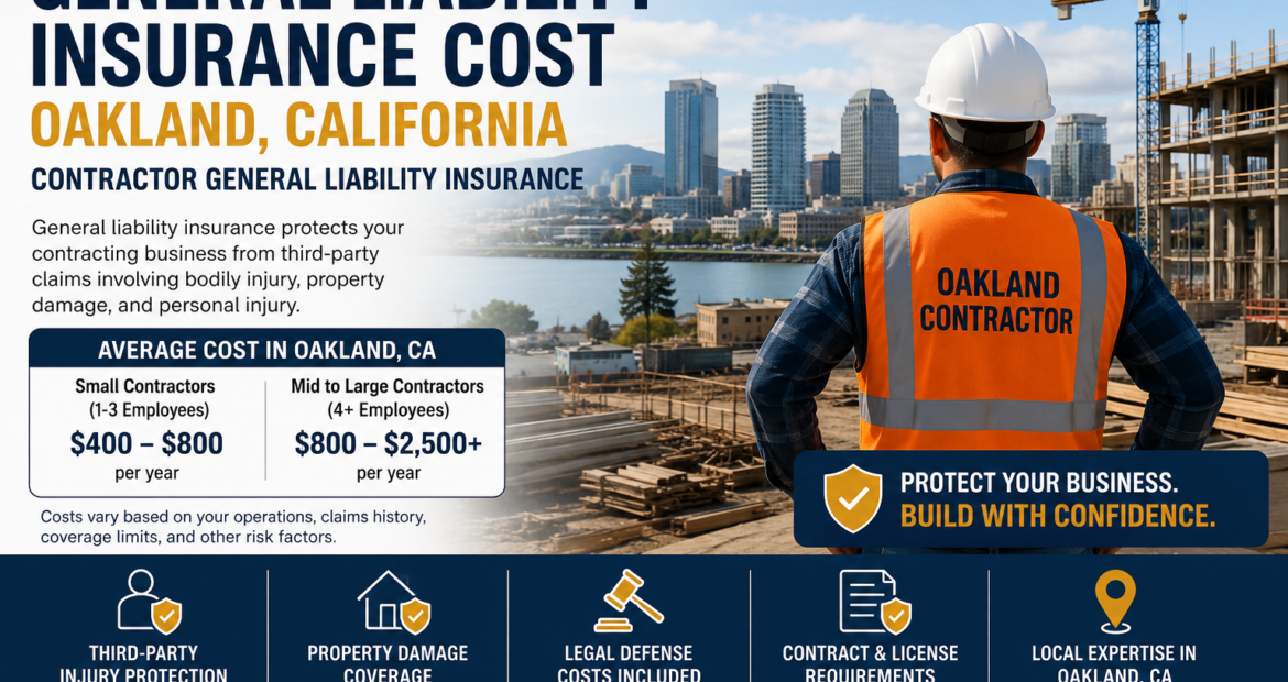 Promotional banner for general liability insurance for Oakland, California contractors, showing a contractor in a hi-vis vest and hard hat at an East Bay construction site with the Oakland skyline and a free-quote call to action.