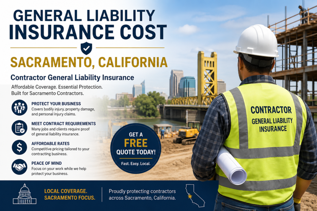 Promotional banner for general liability insurance for Sacramento, California contractors, showing a contractor in a hi-vis vest holding blueprints at a construction site with the Sacramento skyline and a free-quote call to action.