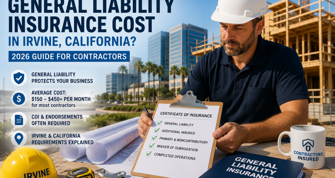 Contractor reviewing general liability insurance and COI requirements for a Irvine job site.