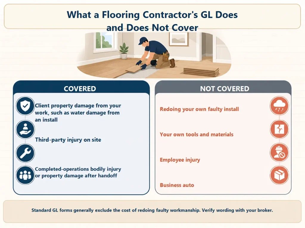 Comparison chart of what a flooring contractor's general liability insurance covers, such as client property damage from an install, versus what it does not cover, such as redoing your own faulty work