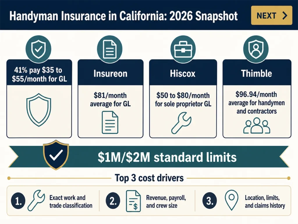 Handyman general liability cost snapshot for California, monthly ranges by carrier
