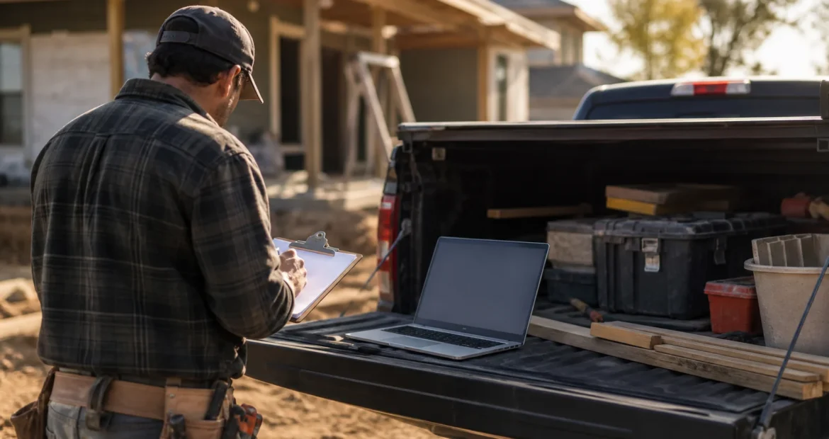 Contractor with a clipboard and a laptop on a pickup tailgate at a residential construction site