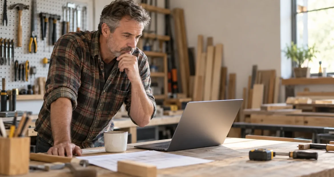 Contractor at a workbench comparing insurance quotes on a laptop.