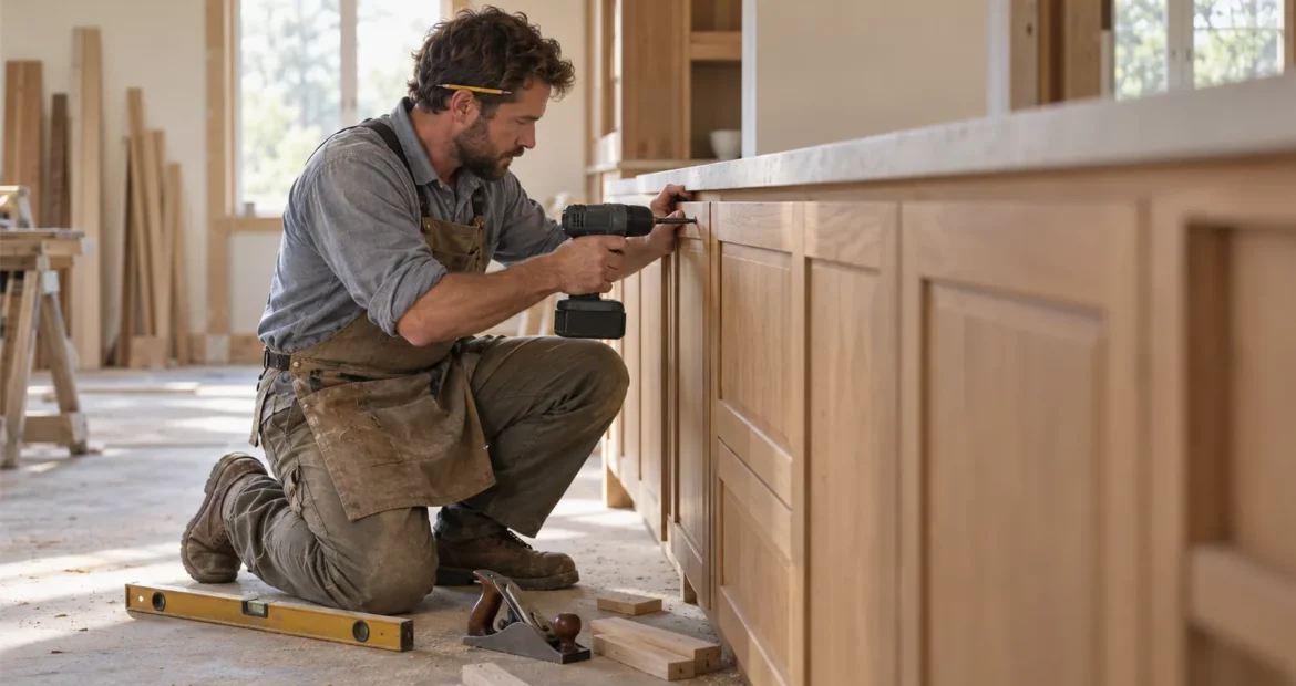 Finish carpenter fitting a cabinet run in a house under construction.