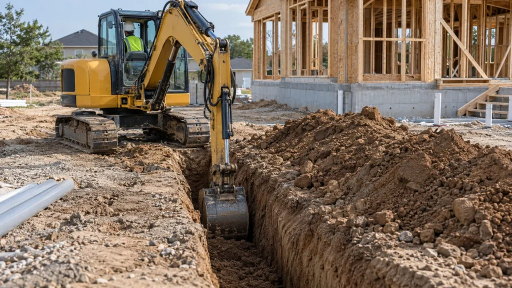 Excavator operator digging a service trench on a residential building site.