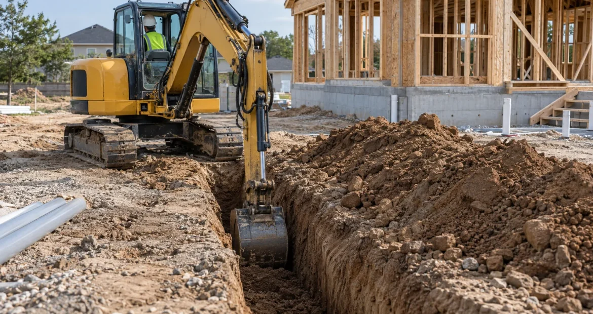 Excavator operator digging a service trench on a residential building site.