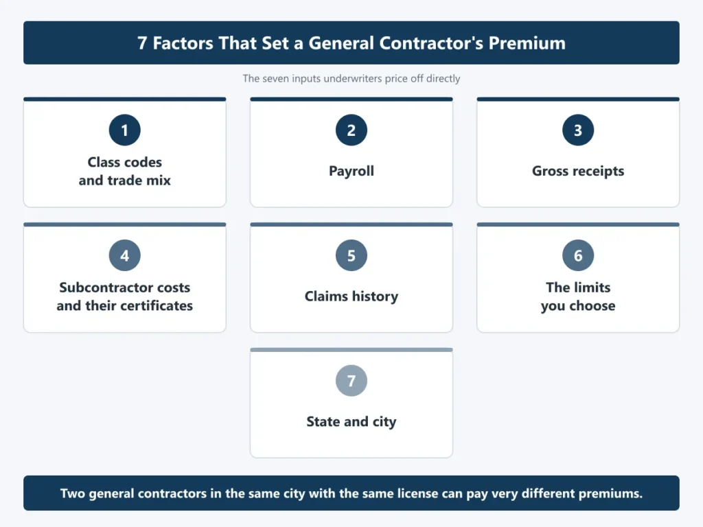 The seven factors that set a general contractor's premium: class codes and trade mix, payroll, gross receipts, subcontractor costs and their certificates, claims history, the limits you choose, and state and city