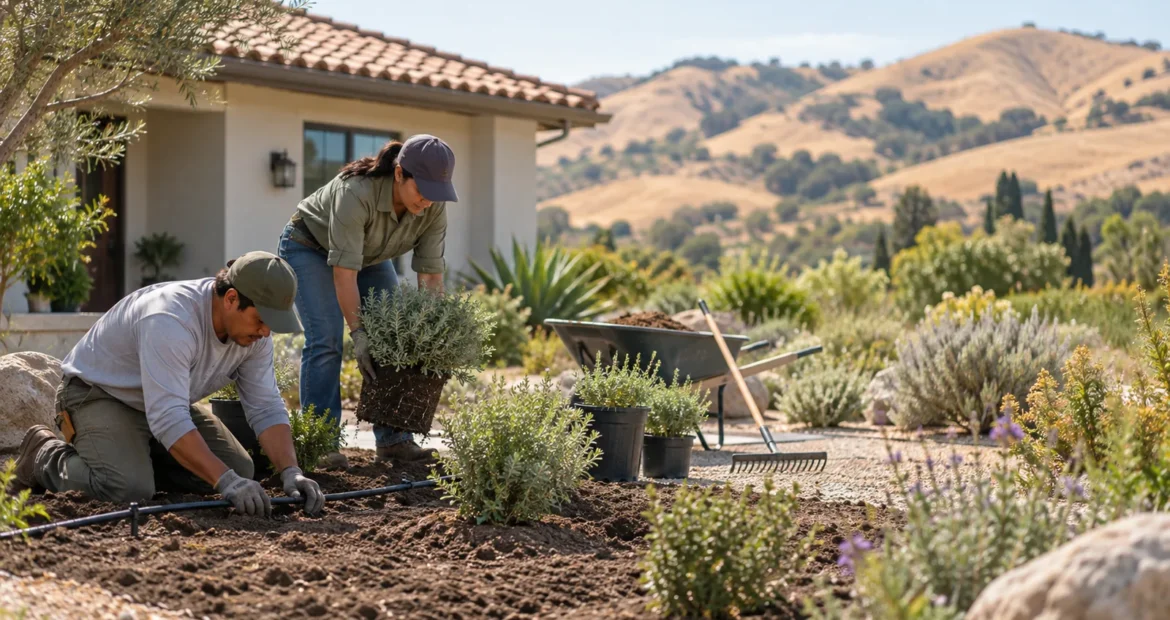 Landscaping crew installing planting and irrigation in a California front garden.
