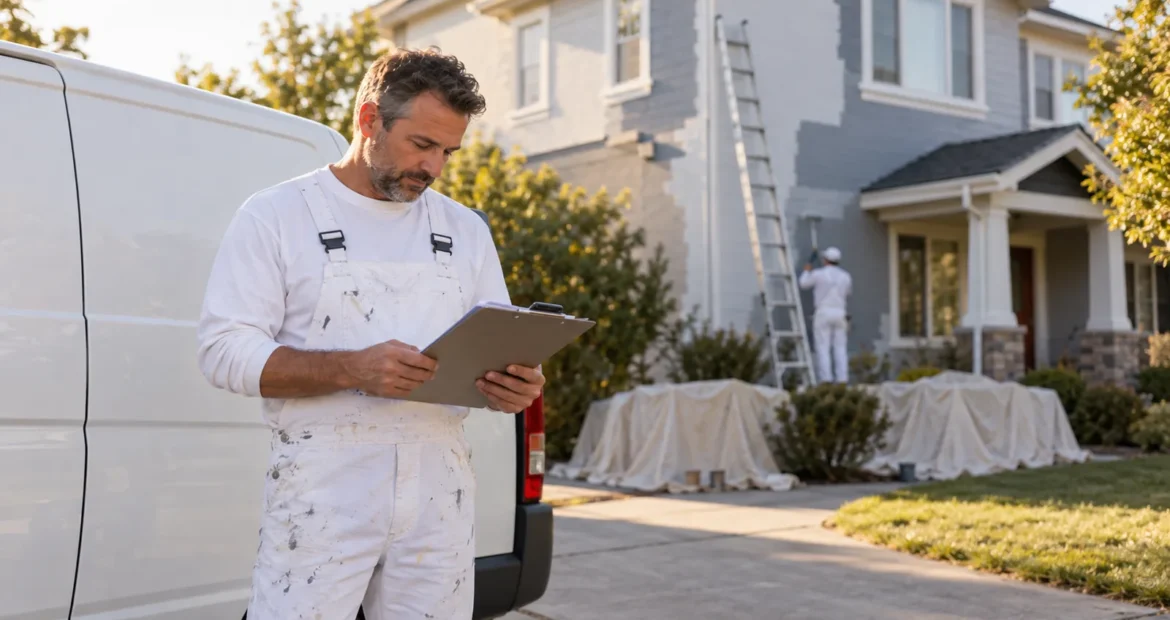Painting contractor on a residential job site reviewing insurance paperwork.