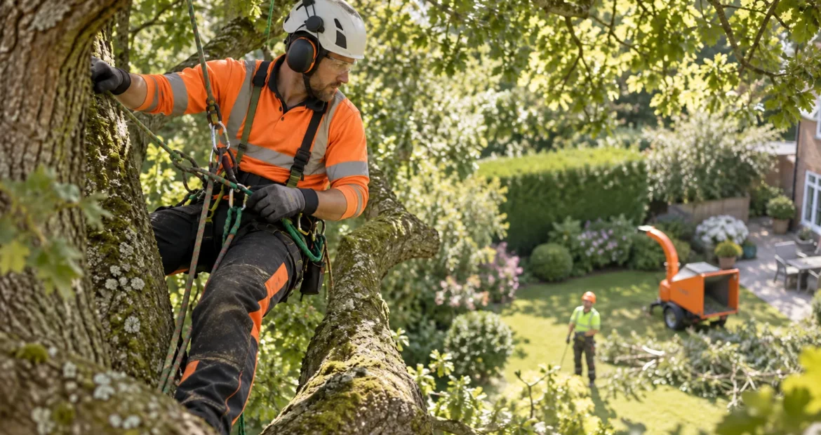 Arborist in climbing harness working in a tree above a residential garden.