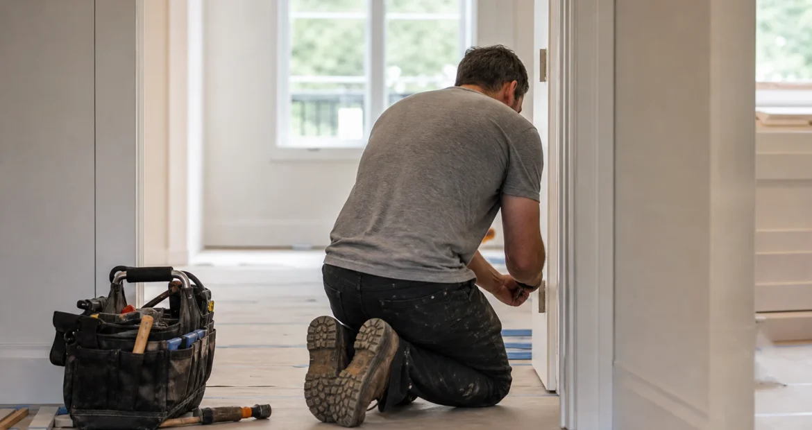 Contractor kneeling to fit a door frame in an unfinished interior, with an open tool bag and hammer on the bare subfloor beside him