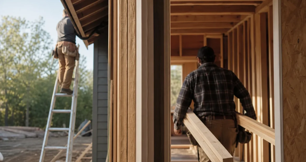 Residential jobsite with one worker on a ladder and another carrying lumber past framed interior work.